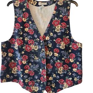 Vintage Cherokee Floral Denim Vest Women's Large Button Front Cottagecore 80s90s